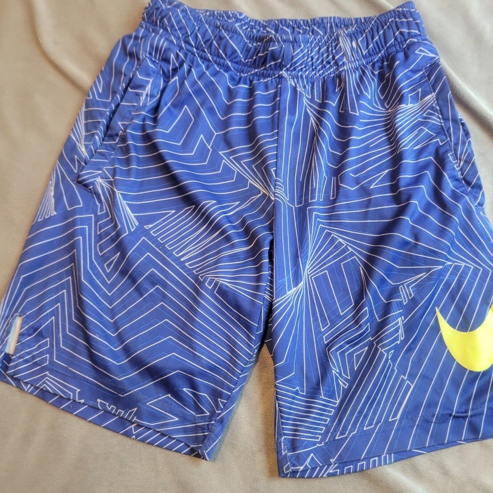 Vtg Nike Shorts Boy Size Small Blue Geometric Drawstring Pull On Comfort Stretch